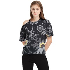 Black Background With Gray Flowers, Floral Black Texture One Shoulder Cut Out T-shirt by nateshop