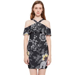 Black Background With Gray Flowers, Floral Black Texture Shoulder Frill Bodycon Summer Dress