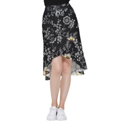 Black Background With Gray Flowers, Floral Black Texture Frill Hi Low Chiffon Skirt