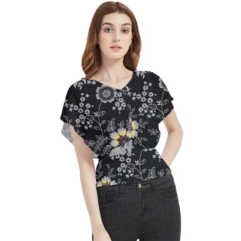 Black Background With Gray Flowers, Floral Black Texture Butterfly Chiffon Blouse by nateshop