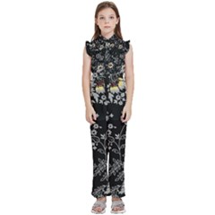 Black Background With Gray Flowers, Floral Black Texture Kids  Sleeveless Ruffle Edge Band Collar Chiffon One Piece