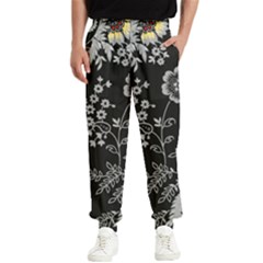 Black Background With Gray Flowers, Floral Black Texture Men s Elastic Waist Pants