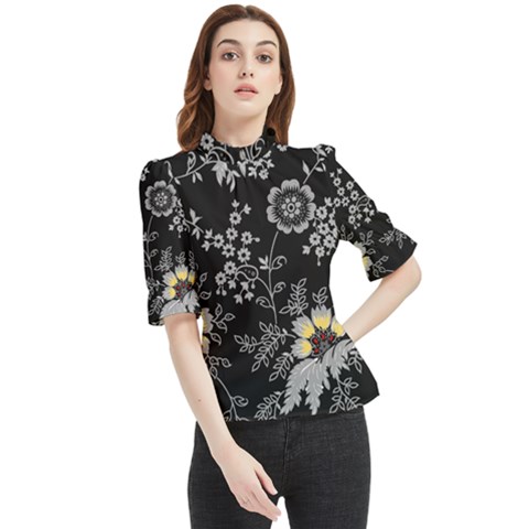 Black Background With Gray Flowers, Floral Black Texture Frill Neck Blouse by nateshop