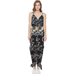 Black Background With Gray Flowers, Floral Black Texture Sleeveless Tie Ankle Chiffon Jumpsuit