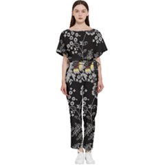 Black Background With Gray Flowers, Floral Black Texture Batwing Lightweight Chiffon Jumpsuit