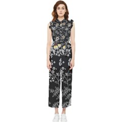 Black Background With Gray Flowers, Floral Black Texture Women s Frill Top Chiffon Jumpsuit by nateshop