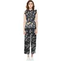 Black Background With Gray Flowers, Floral Black Texture Women s Frill Top Chiffon Jumpsuit View1