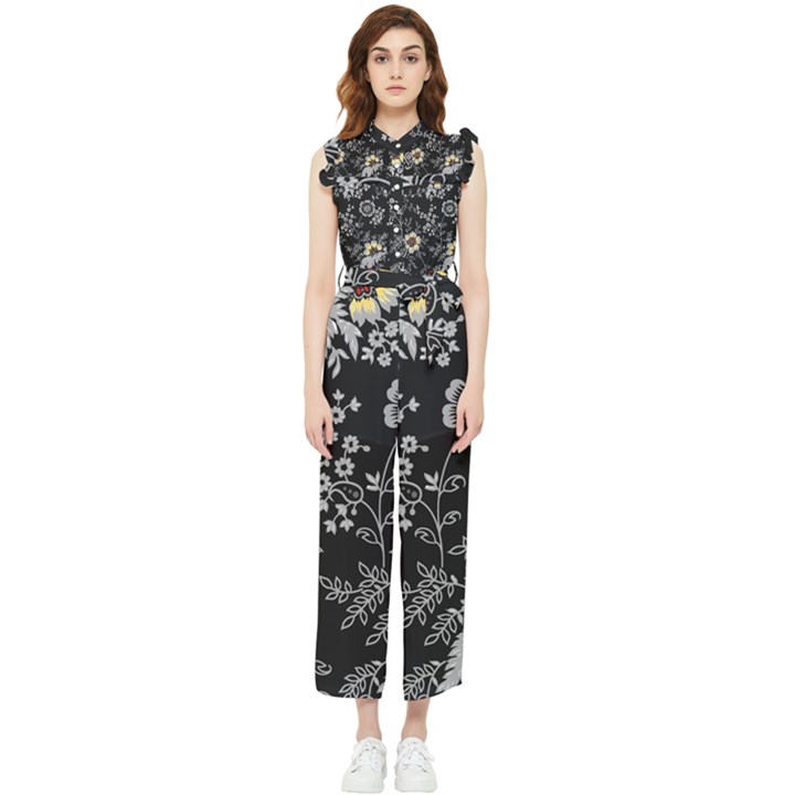 Black Background With Gray Flowers, Floral Black Texture Women s Frill Top Chiffon Jumpsuit