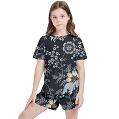 Black Background With Gray Flowers, Floral Black Texture Kids  T-shirt And Sports Shorts Set by nateshop