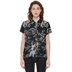 Black Background With Gray Flowers, Floral Black Texture Short Sleeve Pocket Shirt by nateshop