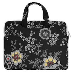 Black Background With Gray Flowers, Floral Black Texture MacBook Pro 16  Double Pocket Laptop Bag 