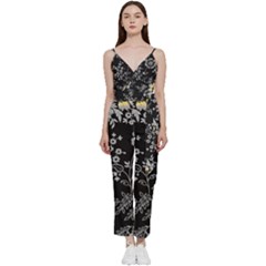 Black Background With Gray Flowers, Floral Black Texture V-neck Camisole Jumpsuit by nateshop