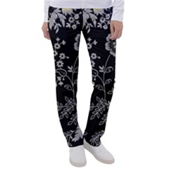 Black Background With Gray Flowers, Floral Black Texture Women s Casual Pants