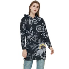 Black Background With Gray Flowers, Floral Black Texture Women s Long Oversized Pullover Hoodie