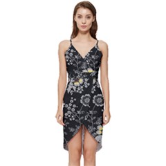 Black Background With Gray Flowers, Floral Black Texture Wrap Frill Dress