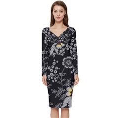 Black Background With Gray Flowers, Floral Black Texture Long Sleeve V-Neck Bodycon Dress 