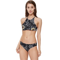 Black Background With Gray Flowers, Floral Black Texture Banded Triangle Bikini Set