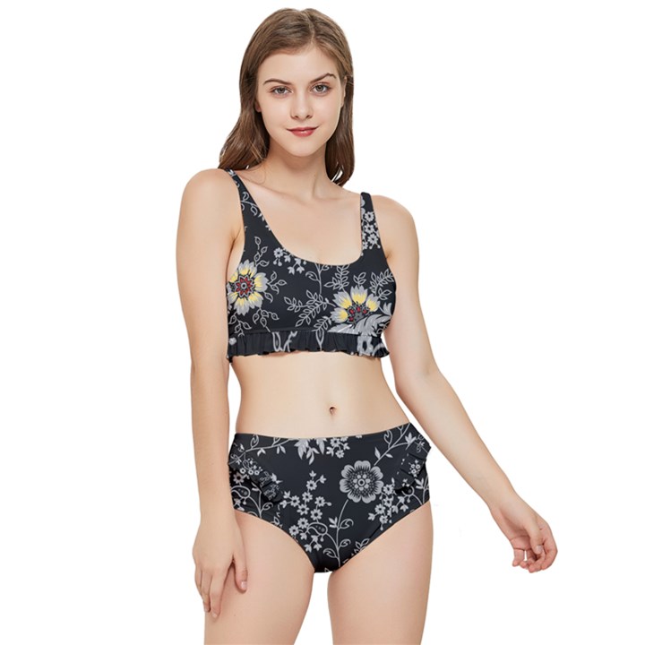 Black Background With Gray Flowers, Floral Black Texture Frilly Bikini Set