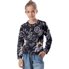 Black Background With Gray Flowers, Floral Black Texture Kids  Long Sleeve T-Shirt with Frill 