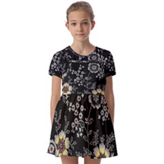 Black Background With Gray Flowers, Floral Black Texture Kids  Short Sleeve Pinafore Style Dress