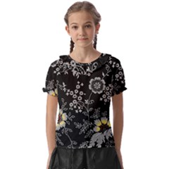 Black Background With Gray Flowers, Floral Black Texture Kids  Frill Chiffon Blouse