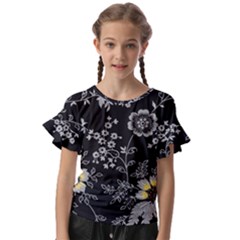 Black Background With Gray Flowers, Floral Black Texture Kids  Cut Out Flutter Sleeves