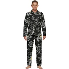 Black Background With Gray Flowers, Floral Black Texture Men s Long Sleeve Velvet Pocket Pajamas Set