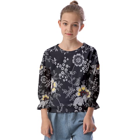 Black Background With Gray Flowers, Floral Black Texture Kids  Cuff Sleeve Top by nateshop