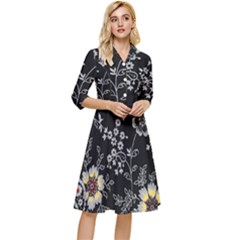 Black Background With Gray Flowers, Floral Black Texture Classy Knee Length Dress