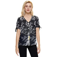 Black Background With Gray Flowers, Floral Black Texture Bow Sleeve Button Up Top