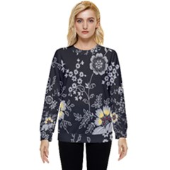 Black Background With Gray Flowers, Floral Black Texture Hidden Pocket Sweatshirt by nateshop