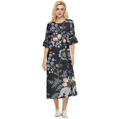 Black Background With Gray Flowers, Floral Black Texture Double Cuff Midi Dress