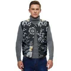 Black Background With Gray Flowers, Floral Black Texture Men s Button Up Puffer Vest	