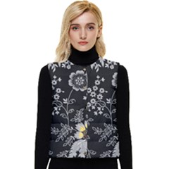 Black Background With Gray Flowers, Floral Black Texture Women s Button Up Puffer Vest