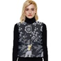 Black Background With Gray Flowers, Floral Black Texture Women s Button Up Puffer Vest View1