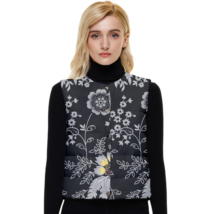 Black Background With Gray Flowers, Floral Black Texture Women s Button Up Puffer Vest