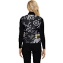 Black Background With Gray Flowers, Floral Black Texture Women s Button Up Puffer Vest View2