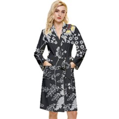 Black Background With Gray Flowers, Floral Black Texture Long Sleeve Velvet Robe