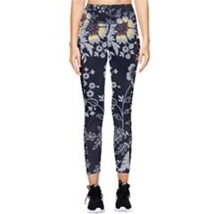 Black Background With Gray Flowers, Floral Black Texture Pocket Leggings 