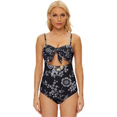 Black Background With Gray Flowers, Floral Black Texture Knot Front One-Piece Swimsuit