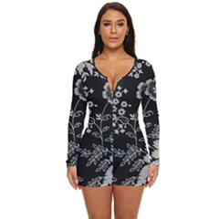 Black Background With Gray Flowers, Floral Black Texture Long Sleeve Boyleg Swimsuit