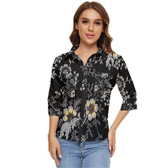 Black Background With Gray Flowers, Floral Black Texture Women s Quarter Sleeve Pocket Shirt