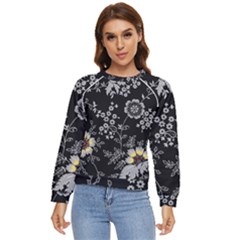 Black Background With Gray Flowers, Floral Black Texture Women s Long Sleeve Raglan T-Shirt