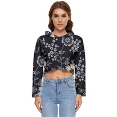 Black Background With Gray Flowers, Floral Black Texture Women s Lightweight Cropped Hoodie