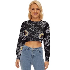 Black Background With Gray Flowers, Floral Black Texture Lightweight Long Sleeve Sweatshirt