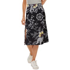 Black Background With Gray Flowers, Floral Black Texture Midi Panel Skirt