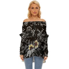 Black Background With Gray Flowers, Floral Black Texture Off Shoulder Chiffon Pocket Shirt by nateshop