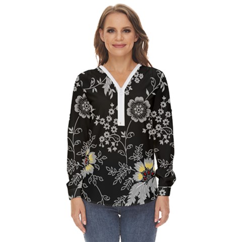 Black Background With Gray Flowers, Floral Black Texture Zip Up Long Sleeve Blouse by nateshop