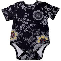 Black Background With Gray Flowers, Floral Black Texture Baby Short Sleeve Bodysuit