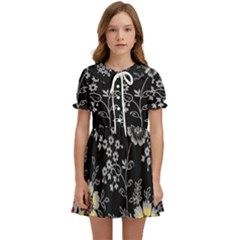 Black Background With Gray Flowers, Floral Black Texture Kids  Sweet Collar Dress